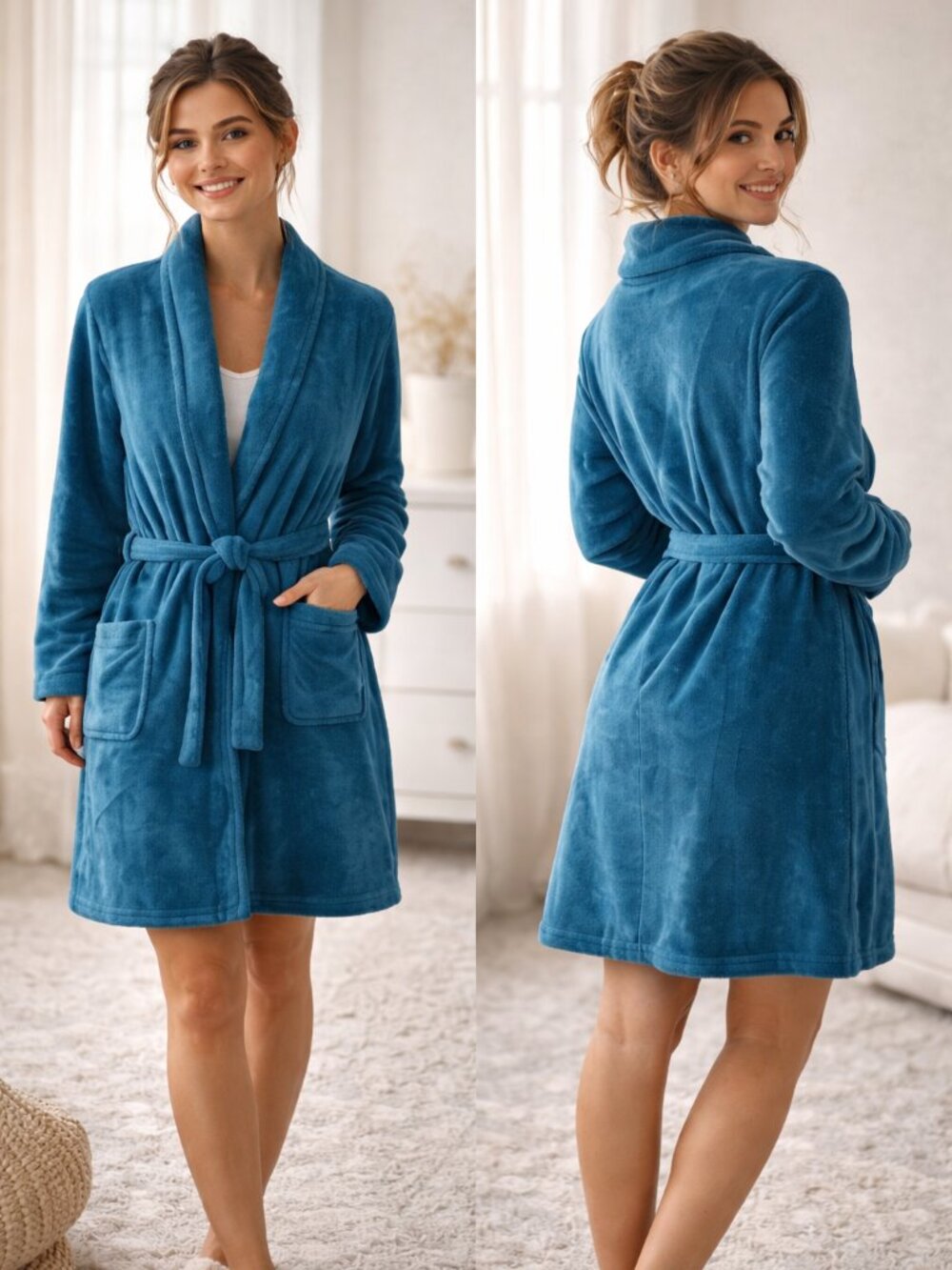 Ms. Maggie Cozy 100% Polyester Fleece Robe Teal Loungewear with Tie Belt S/M
